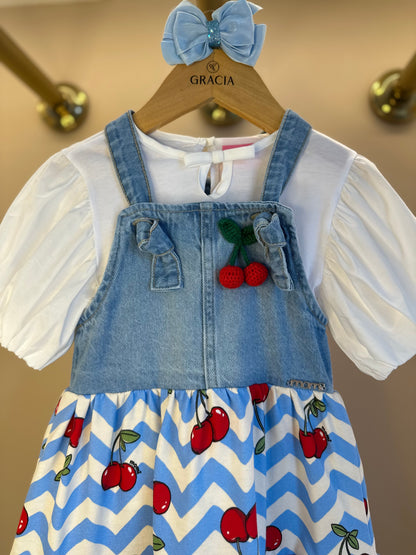 Conjunto Infantil Blusa Mangas Balonê e Salopete Cerejinha Jeans - Momi