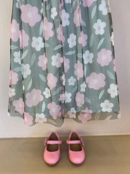Vestido Infantil Trapézio Tule Estampado Flores - Mon Sucre