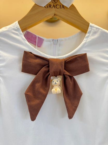 Vestido Infantil Rodado Tricoline Branco com Laço Marrom - Luluzinha