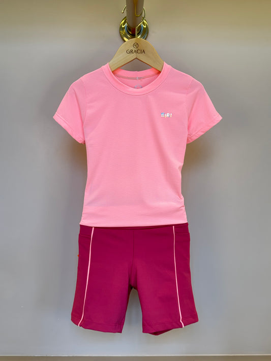 Conjunto Infantil Blusa Maria Sakay Brincadeira Coral e Bermuda Isis Brincadeira Romã - Siri Sport