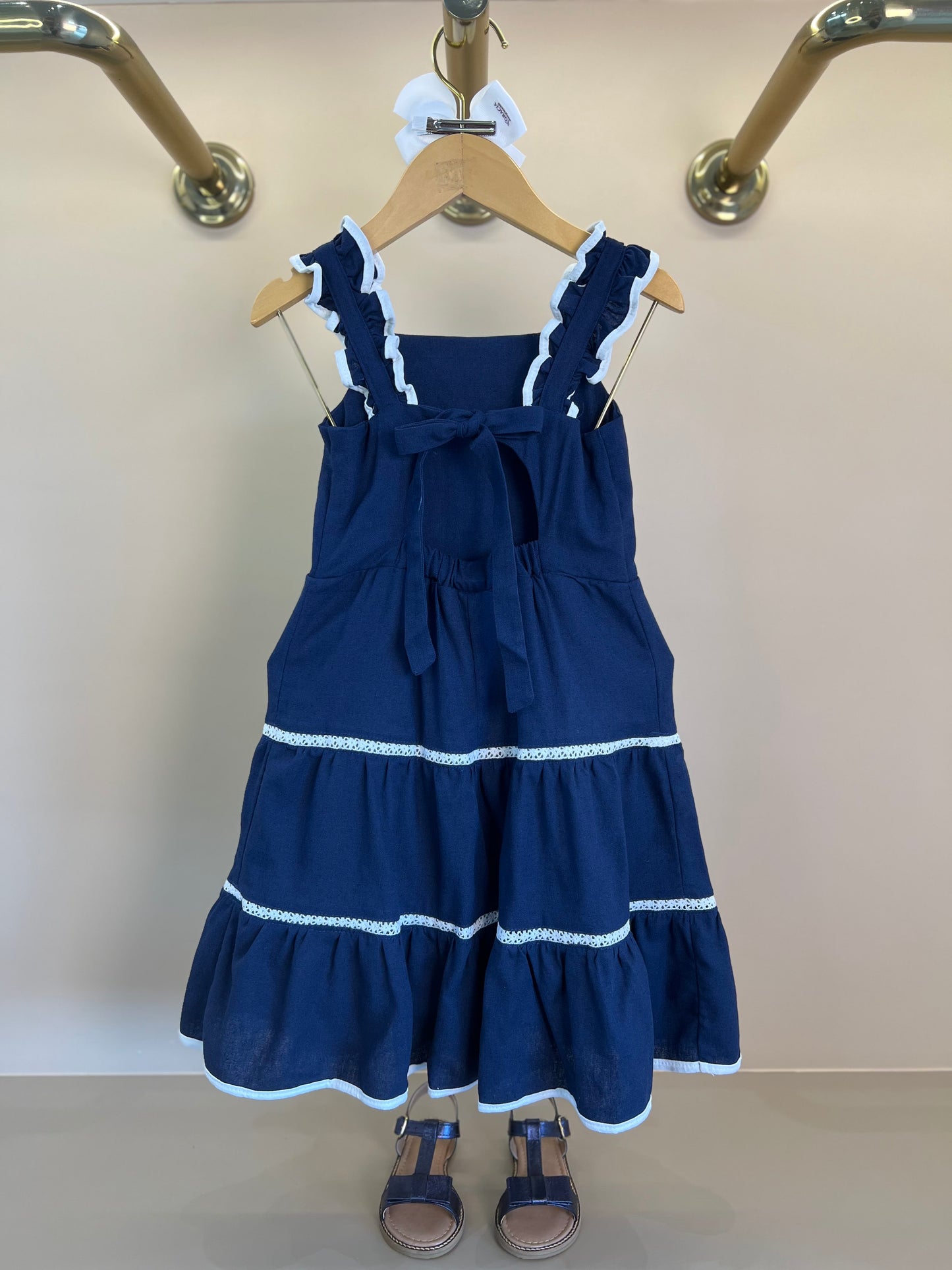 Vestido Infantil Linho Marinho Bordado Branco - Petit Cherie
