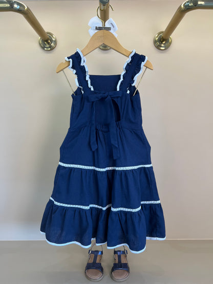 Vestido Infantil Linho Marinho Bordado Branco - Petit Cherie