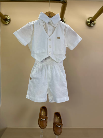 Conjunto Bebê Batizado Camisa-body e Bermuda Linho Misto Off White - Um Mais Um