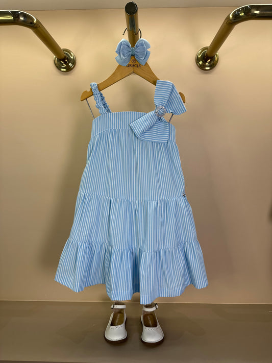 Vestido Infantil Trapézio Rodado Laço Lateral Strass Azul - Petit Cherie