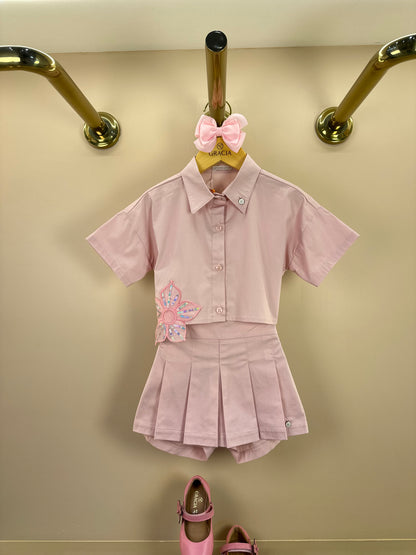 Conjunto Infantil Algodão Camisa Bordada e Shorts-saia Pregas Nude - Um Mais Um