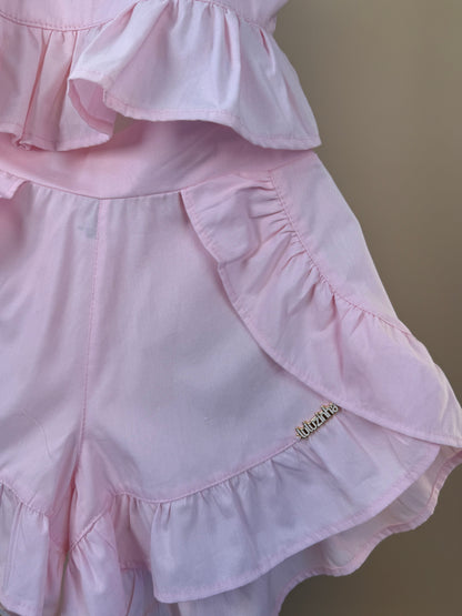 Conjunto Infantil Rosa Blusa Bordado Flores e Shorts Com Babadinho - Luluzinha