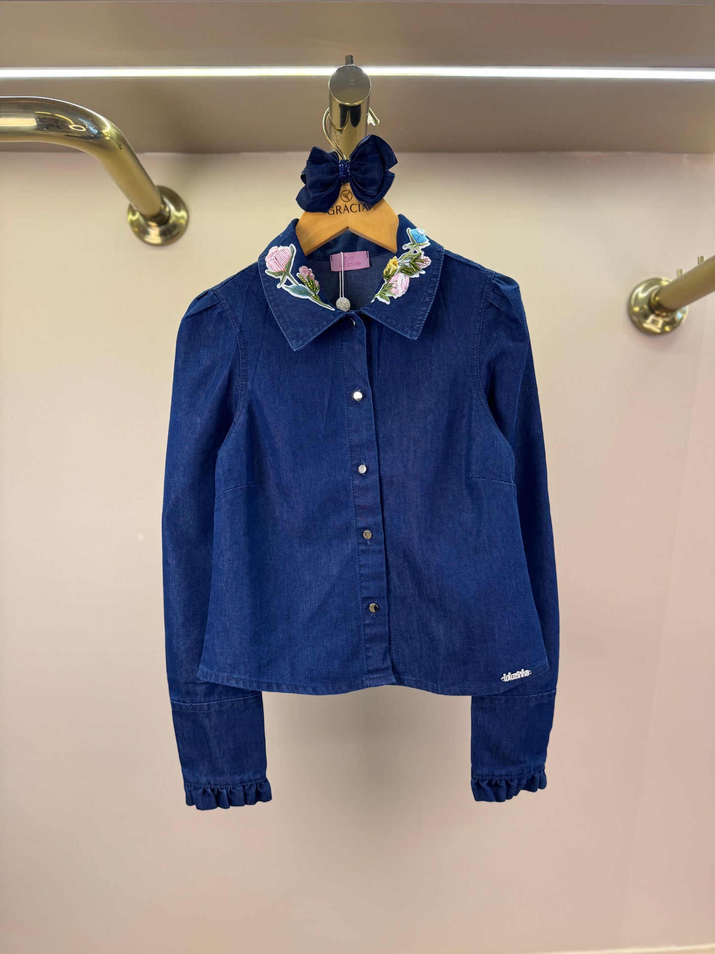 Camisa Infantil Jeans Leve ML Gola Bordada Flores - Luluzinha