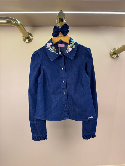 Camisa Infantil Jeans Leve ML Gola Bordada Flores - Luluzinha