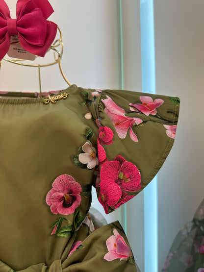 Vestido Infantil Conceito Tule Floral Bordado Verde Forest - Animê