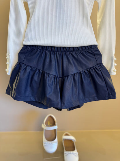 Conjunto Infantil Blusa ML Laço Bordado e Shorts Evasê Couro Tech Marinho - Beabá