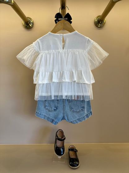 Conjunto Infantil Blusa  Bordada e Babados Pérola e Shorts Jeans Laço Preto - Animê