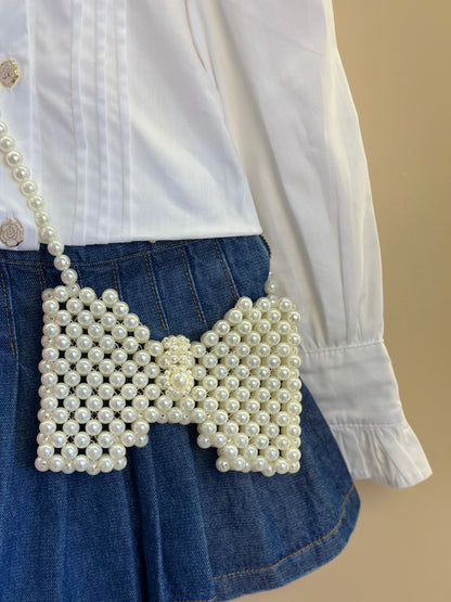 Conjunto Infantil Camisa Babadinhos Punho Pregas Branca e Saia  Jeans Pochete Laço Pérolas - Luluzinha
