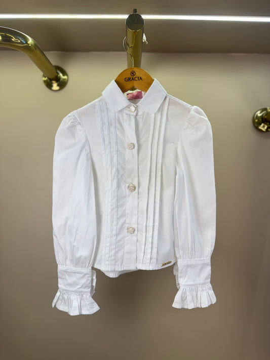 Camisa Infantil Algodão Babadinhos Punho Pregas Branca - Luluzinha
