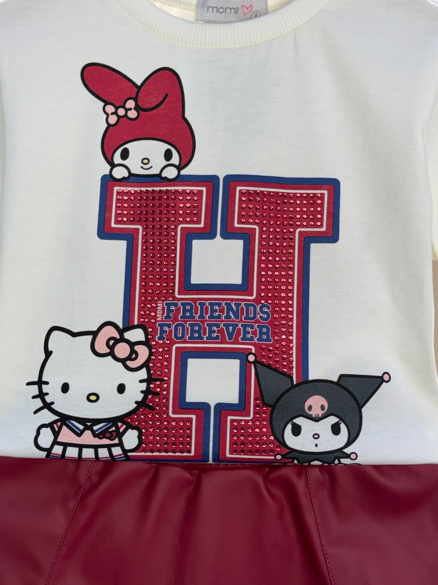 Conjunto Infantil Blusa Hello Kitty Strass e Saia Infantil Couro Tech Recortes Cramberry - Momi