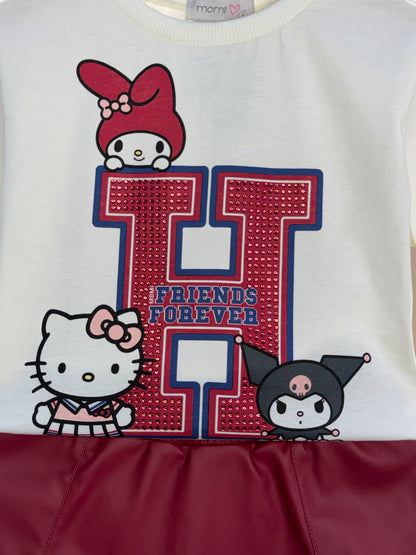 Conjunto Infantil Blusa Hello Kitty Strass e Saia Infantil Couro Tech Recortes Cramberry - Momi