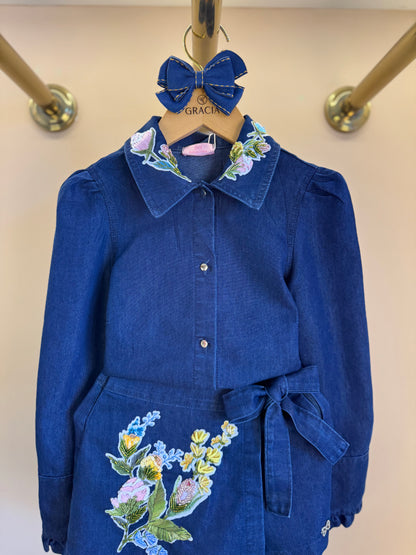 Conjunto Infantil Camisa Jeans Leve ML Gola Bordada Flores e Shorts-saia Jeans Bordada Flores - Luluzinha
