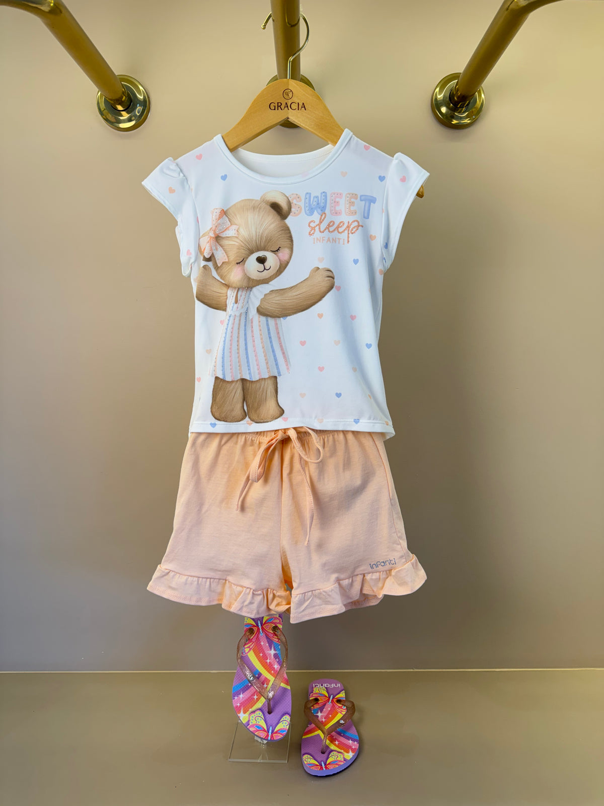 Conjunto Infantil Pijama Blusa Ursinha e Shorts Com Babadinho - Infanti