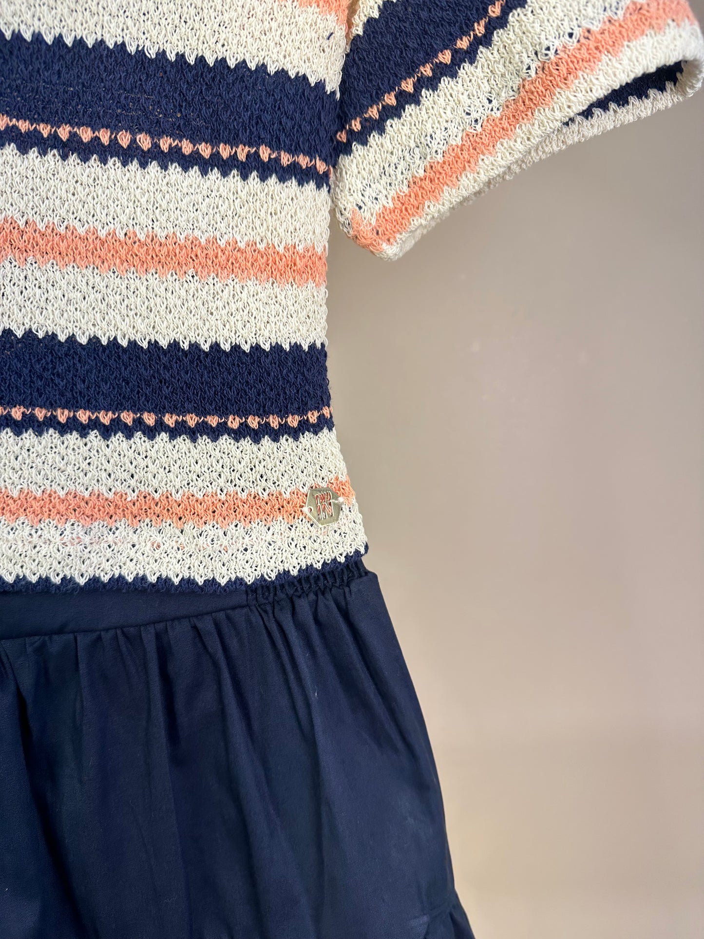 Conjunto Teen Blusa Polo Malha Tricot listrada e Saia-shorts Tricoline Marinho - Two In