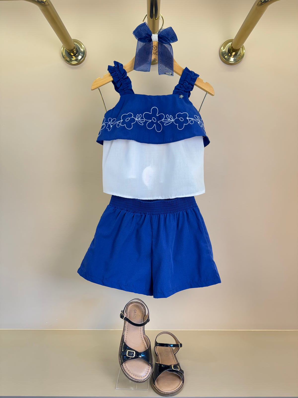 Conjunto Infantil Azul Marinho Blusa Boradado Flores e Shorts - Mon Sucré