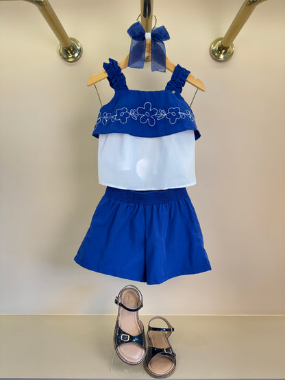 Conjunto Infantil Azul Marinho Blusa Boradado Flores e Shorts - Mon Sucré