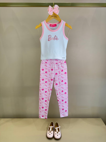 Conjunto Infantil Regata Barbie Cristais Off White e Calça Legging Barbie Rosa Xadrez - Pituchinhus