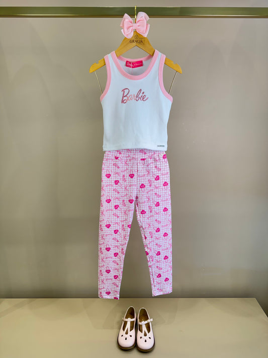 Conjunto Infantil Regata Barbie Cristais Off White e Calça Legging Barbie Rosa Xadrez - Pituchinhus