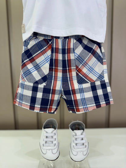 Conjunto Bebê Camiseta-Body Bear e Bermuda Xadrez Azul - Um Mais Um