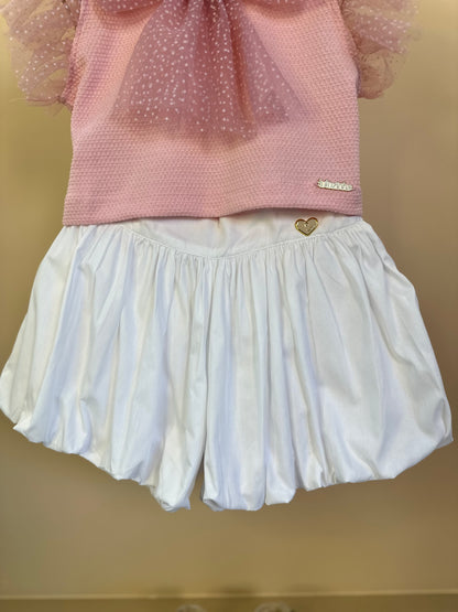 Conjunto Infantil Blusa Laço Tule Rosa e  Shorts Balonê Off - Luluzinha