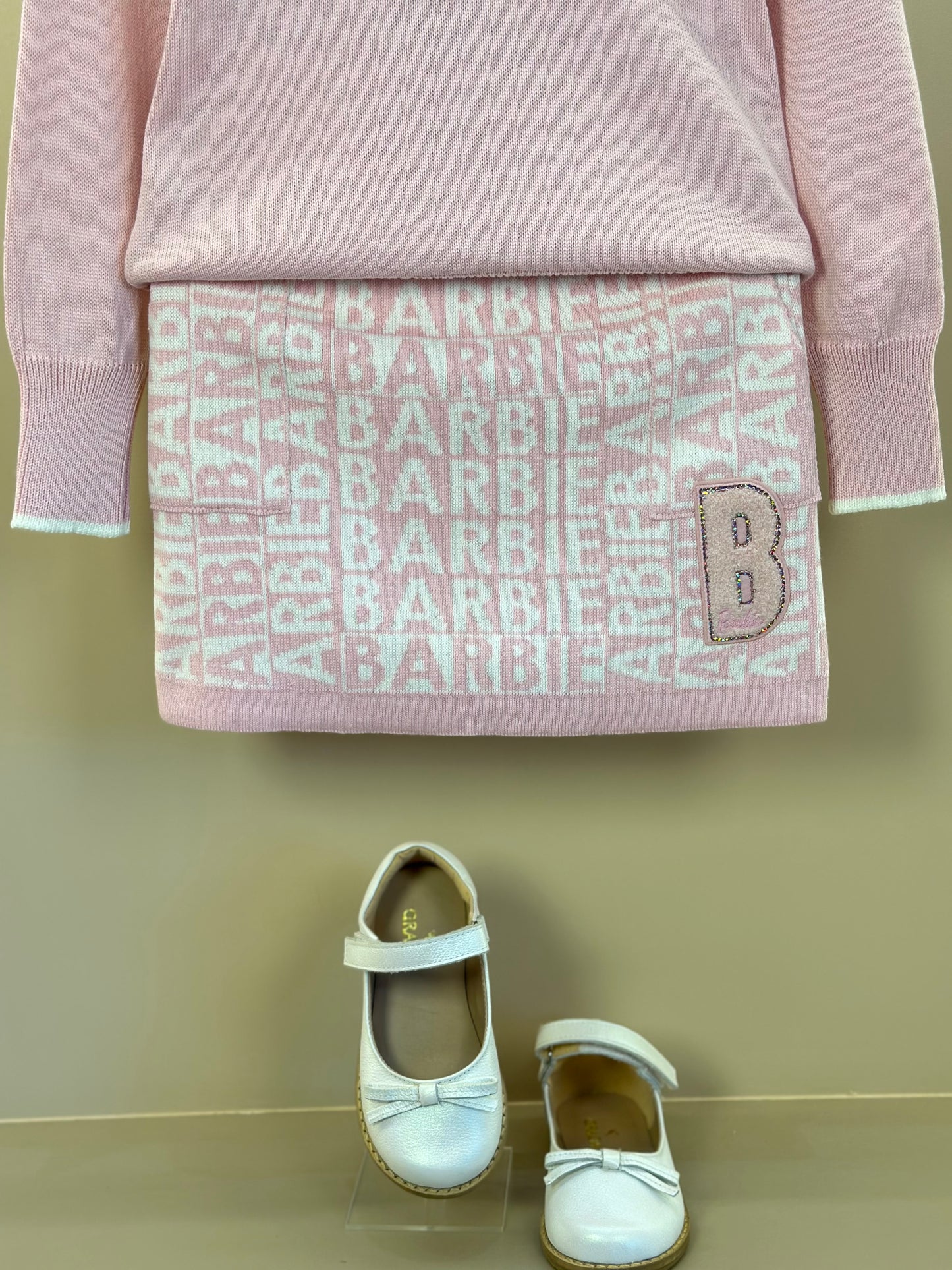 Conjunto Infantil Tricot Blusa Barbie Strass e Saia Jacquard Barbie Patches Sugar Rose - Pituchinhus