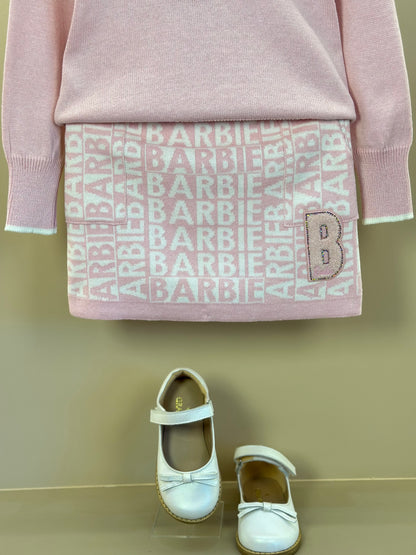 Conjunto Infantil Tricot Blusa Barbie Strass e Saia Jacquard Barbie Patches Sugar Rose - Pituchinhus