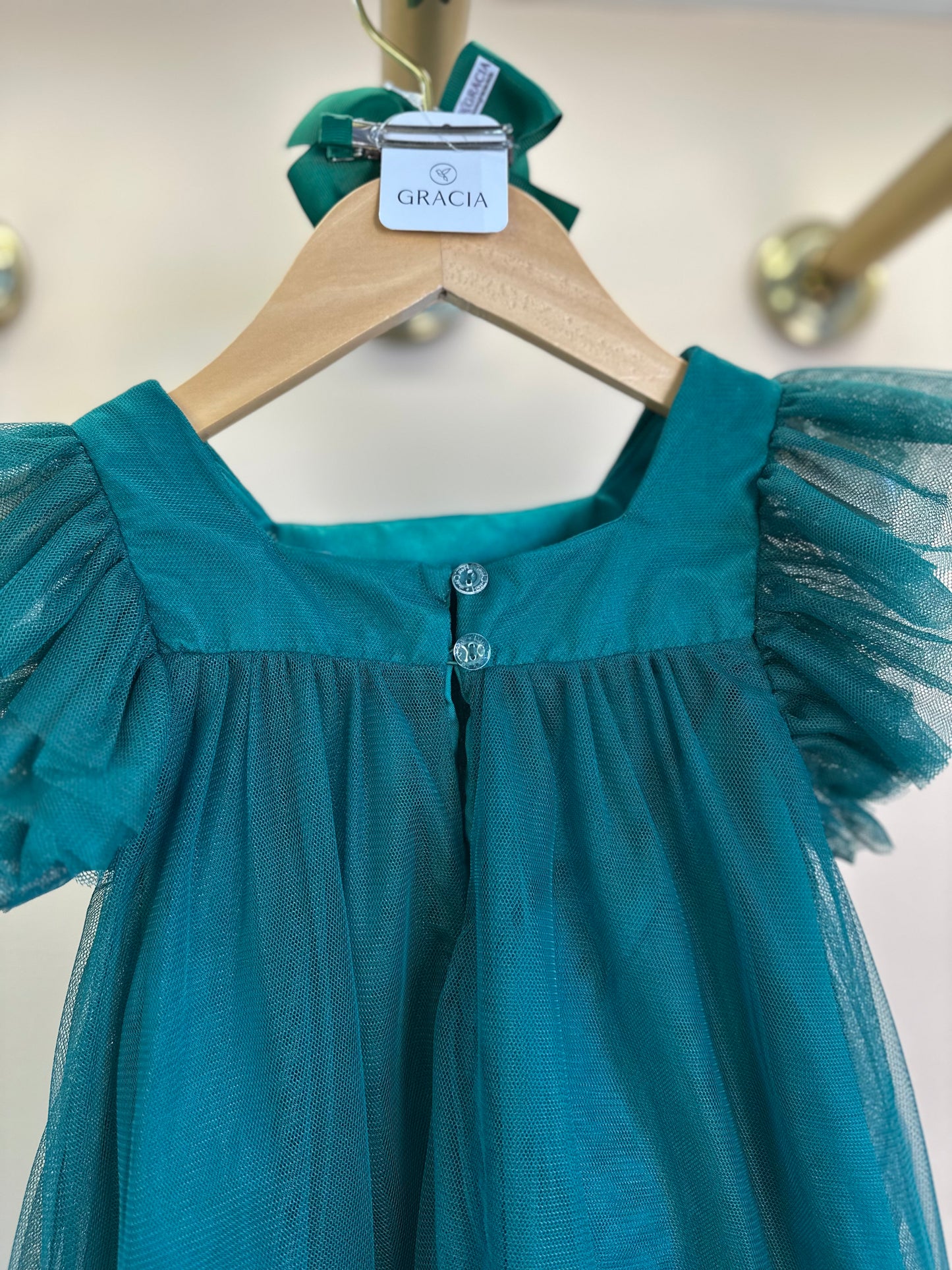 Vestido Infantil Trapézio Tule Bordado Paetê e Laço Verde - Petit Cherie