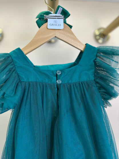Vestido Infantil Trapézio Tule Bordado Paetê e Laço Verde - Petit Cherie
