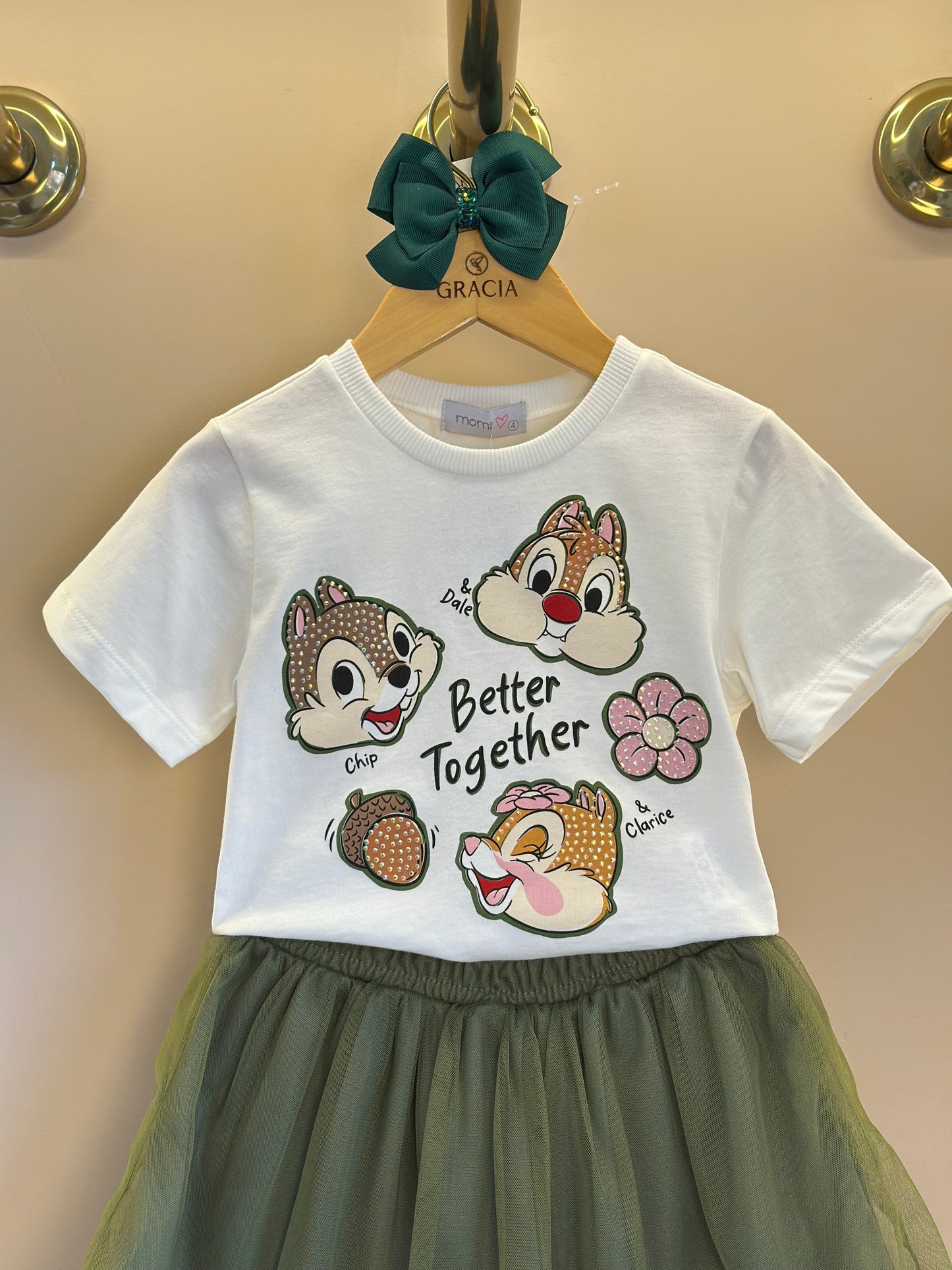 Conjunto Infantil Blusa Tico e Teco Better Together Strass Pérola e Saia Tule Verde Musgo - Momi