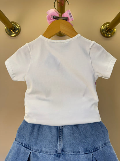 Conjunto Infantil Blusa Hello Kitty Bordado e Saia Jeans Pregas Com Pingente - Momi