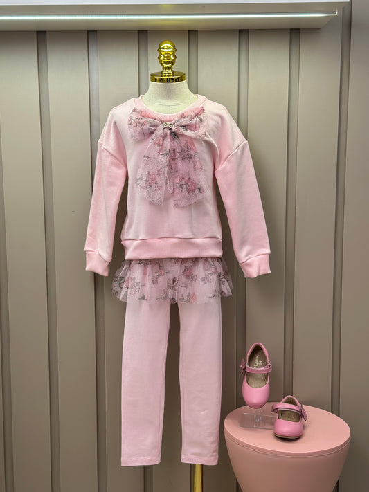 Conjunto Infantil Blusa Moletom Babado Tule Floral Glitter e Calça Legging Cotton Rosa - Luluzinha