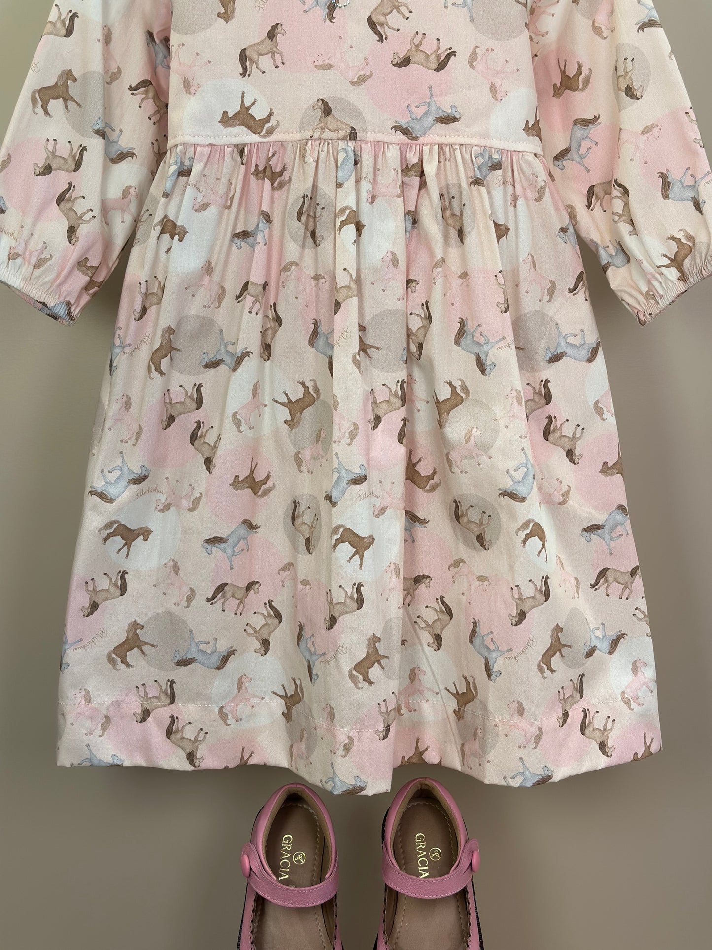 Vestido Infantil Algodão Estampa Cavalinhos e Poá Bolsos Rosa - Pituchinchus