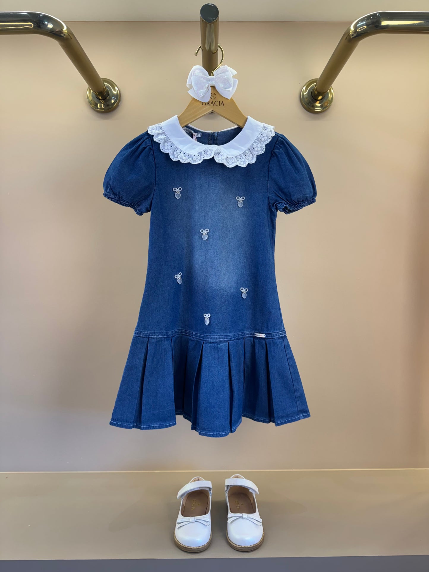 Vestido Infantil Jeans Gola Babadinho Bordado Laço - Gabriela Aquarela