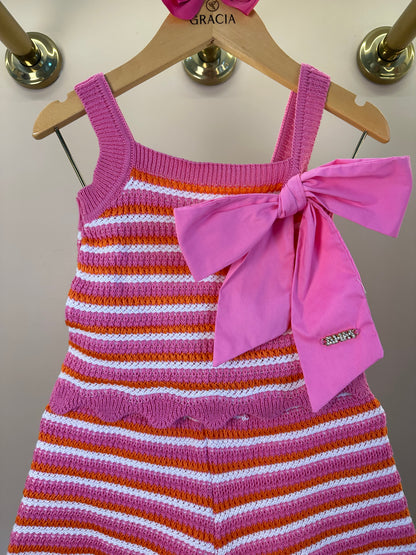 Conjunto Infantil Em Tricoline Listrado Blusa Laço Maxxi e Shorts Barra Andulada - Animê