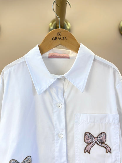 Camisa Infantil Tricoline Ampla Patches Laços e Cavalinho Branca - Pituchinhus