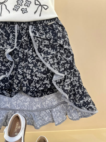 Conjunto Infantil  Blusa Love Summer Cristal e Saia-Shorts Mullet Laços e Flores - Pituchinhus