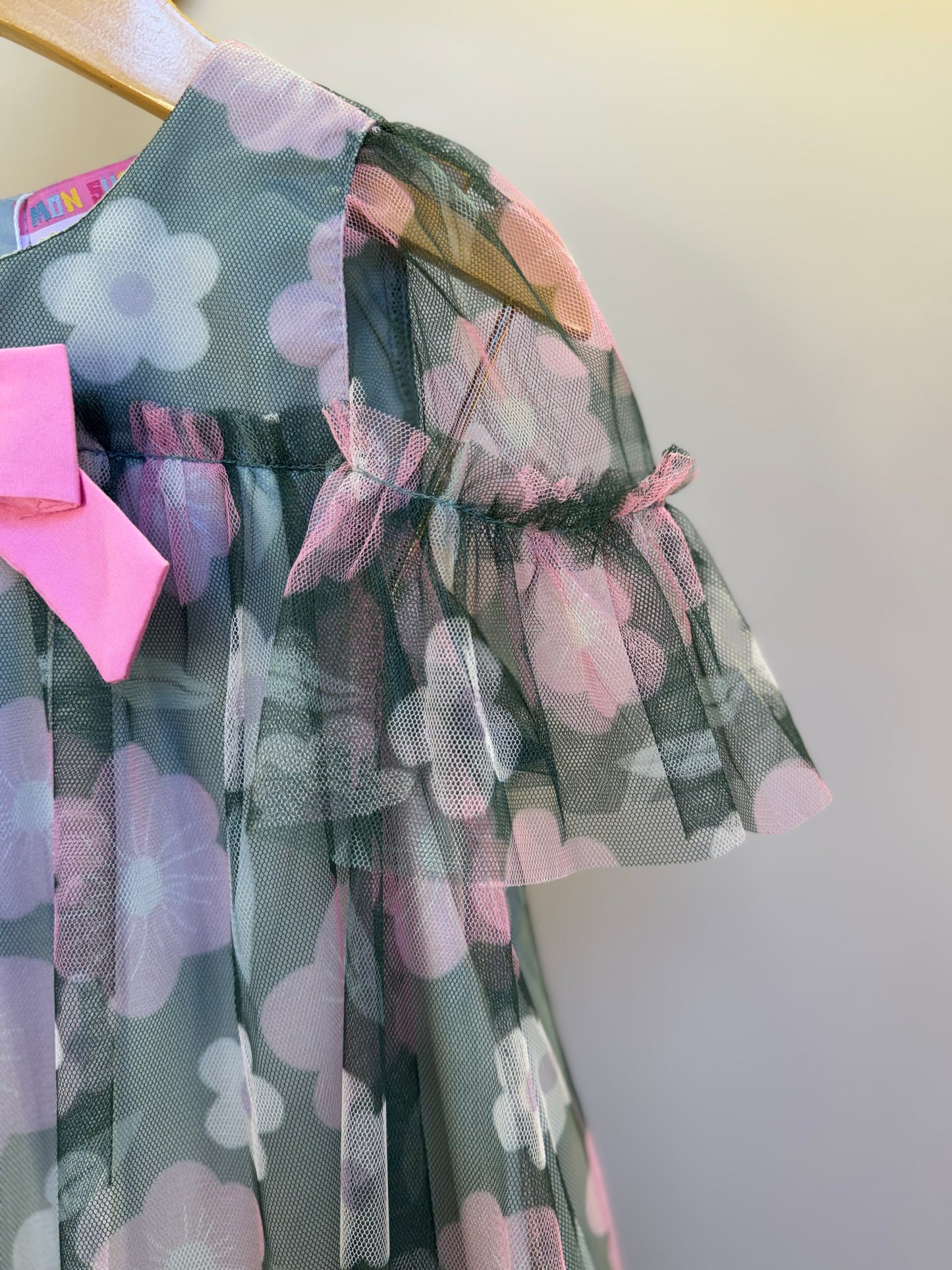 Vestido Infantil Trapézio Tule Estampado Flores - Mon Sucre
