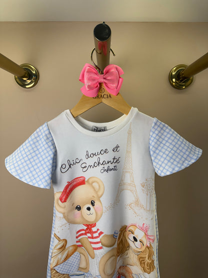 Vestido Infantil Molecotton Ursinho e Mangas Xadrez - Infanti