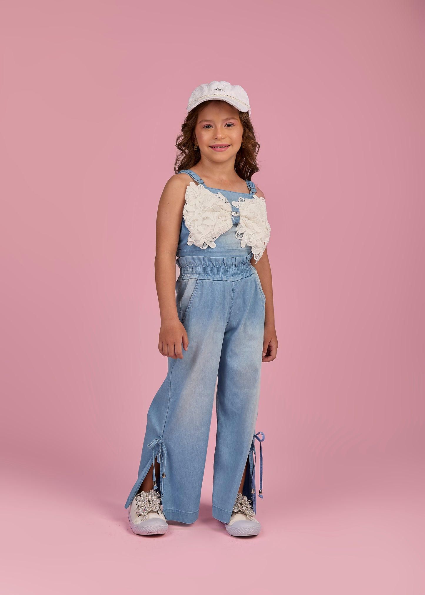 Conjunto Infantil Cropped Maxi Laço Renda e Calça Wide Jeans - Gabriela Aquarela