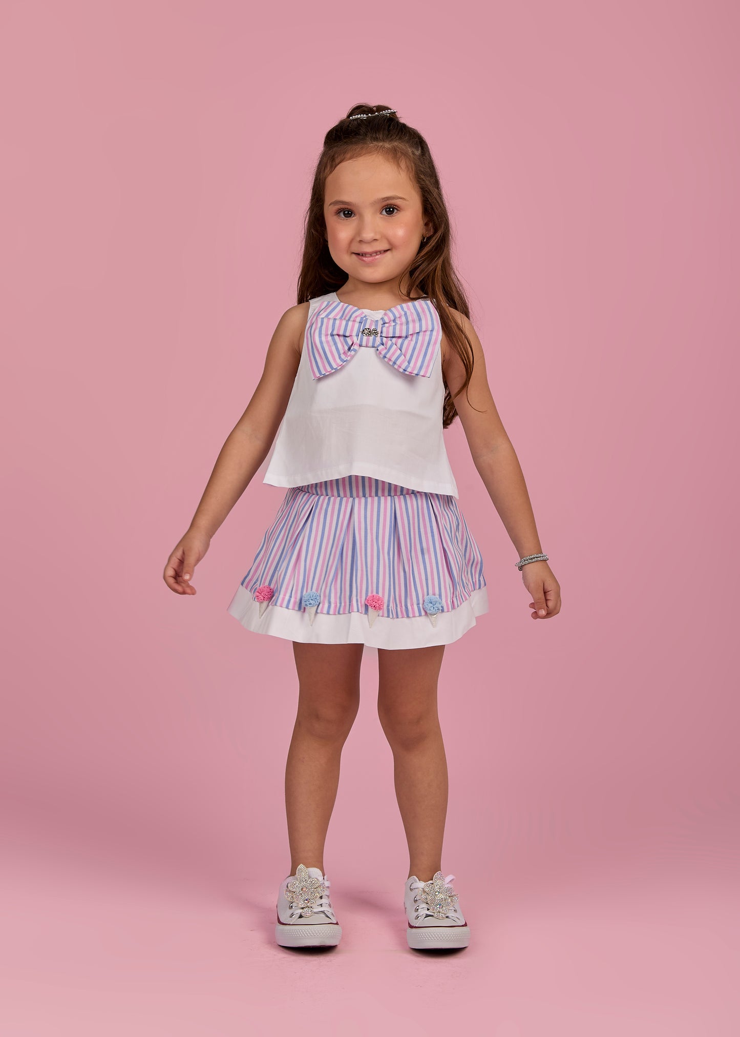 Conjunto Infantil Blusa Laço e Saia  Bordado Sorvetinho - Gabriela Aquarela
