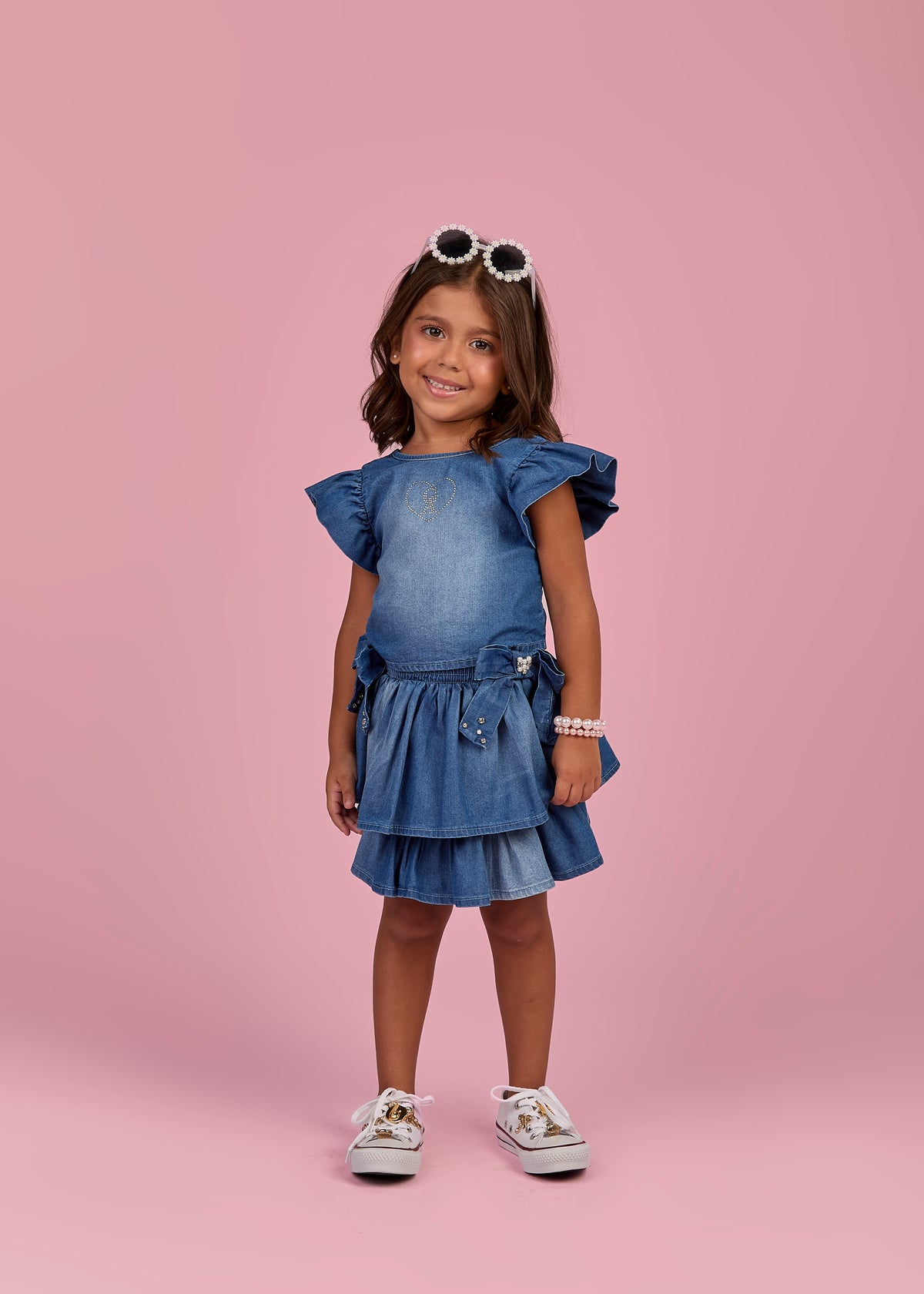 Conjunto Infantil Blusa Jeans Strass e Saia Laços Laterais Bordado Com Pérolas - Gabriela Aquarela