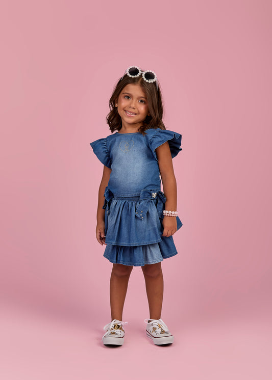 Conjunto Infantil Blusa Jeans Strass e Saia Laços Laterais Bordado Com Pérolas - Gabriela Aquarela