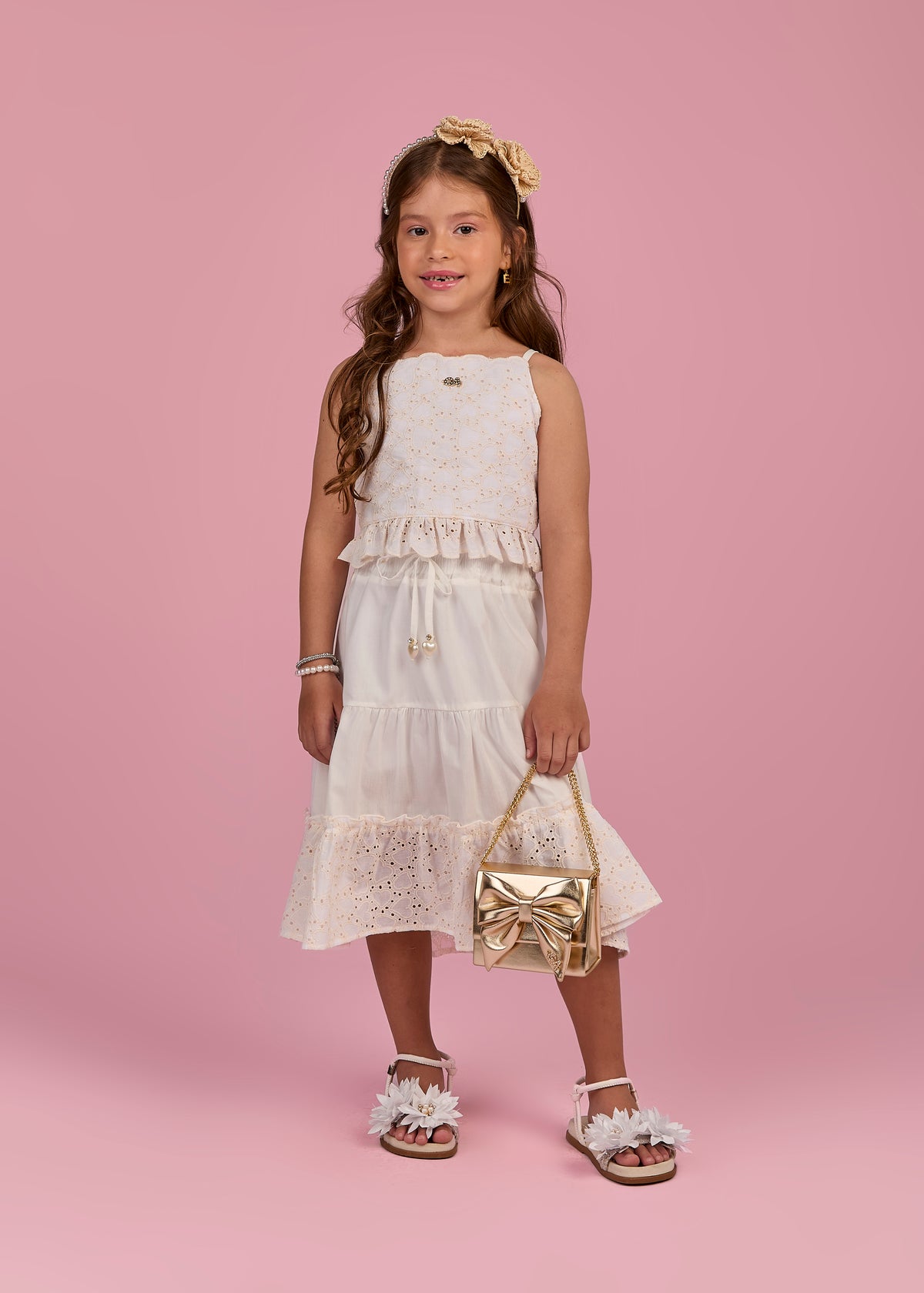 Conjunto Infantil Blusa Cropped Bordado de Coração e Saia Midi - Gabriela Aquarela