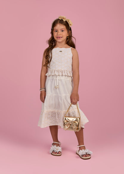 Conjunto Infantil Blusa Cropped Bordado de Coração e Saia Midi - Gabriela Aquarela