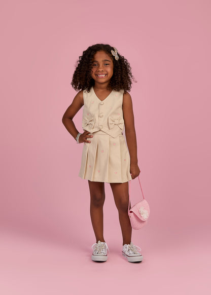 Conjunto Infantil Colete Corações Rosa  e Saia de Pregas  - Gabriela Aquarela