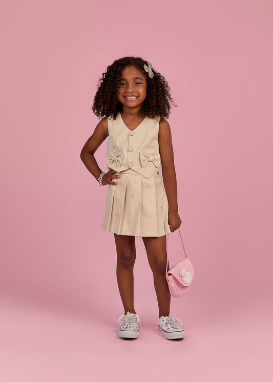 Conjunto Infantil Colete Corações Rosa  e Saia de Pregas  - Gabriela Aquarela
